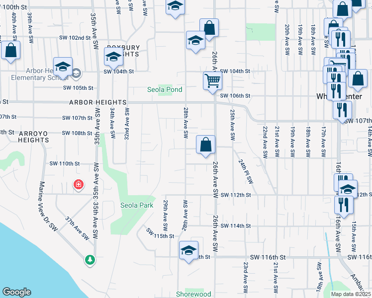 map of restaurants, bars, coffee shops, grocery stores, and more near 28th Avenue Southwest in Seattle