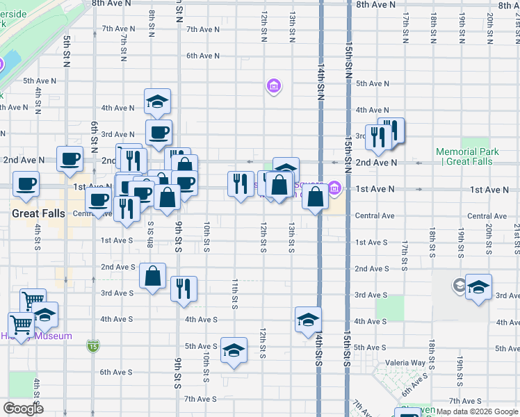 map of restaurants, bars, coffee shops, grocery stores, and more near 1126 Central Avenue in Great Falls
