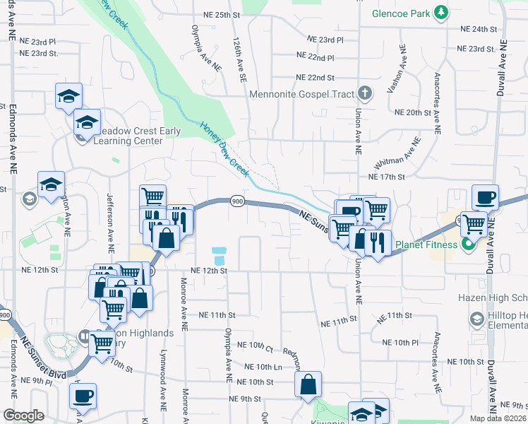 map of restaurants, bars, coffee shops, grocery stores, and more near 1402 Queen Avenue Northeast in Renton