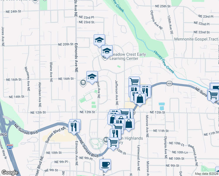 map of restaurants, bars, coffee shops, grocery stores, and more near 1410 Index Avenue Northeast in Renton