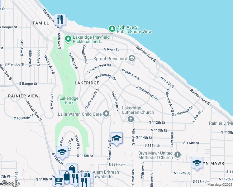 map of restaurants, bars, coffee shops, grocery stores, and more near 10859 Auburn Avenue South in Seattle