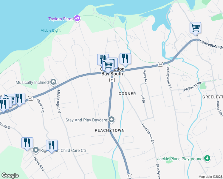 map of restaurants, bars, coffee shops, grocery stores, and more near 29 Foxtrap Access Road in Conception Bay South