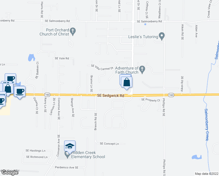 map of restaurants, bars, coffee shops, grocery stores, and more near 2849 Southeast Copper Creek Drive in Port Orchard