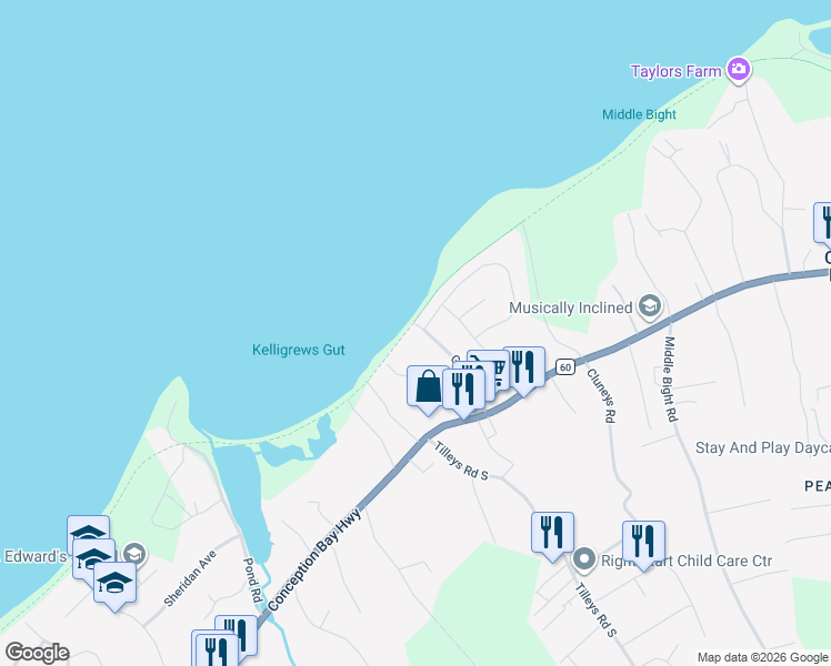 map of restaurants, bars, coffee shops, grocery stores, and more near 39 Golden Road in Conception Bay South