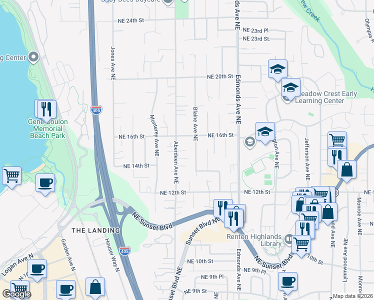 map of restaurants, bars, coffee shops, grocery stores, and more near 1401 Blaine Avenue Northeast in Renton