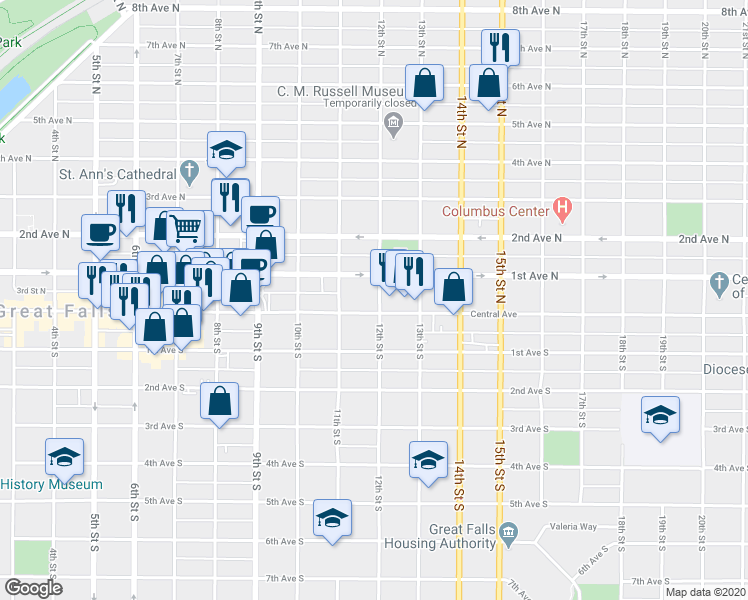 map of restaurants, bars, coffee shops, grocery stores, and more near 1126 Central Avenue in Great Falls