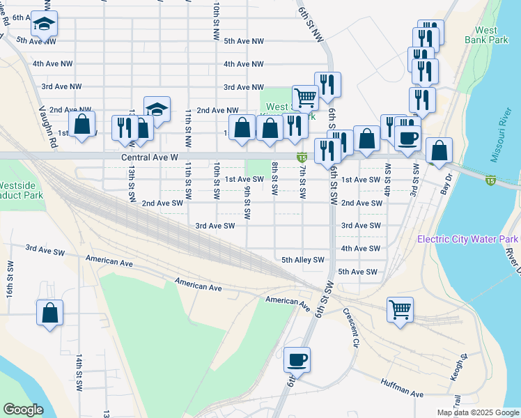 map of restaurants, bars, coffee shops, grocery stores, and more near 825 3rd Avenue Southwest in Great Falls