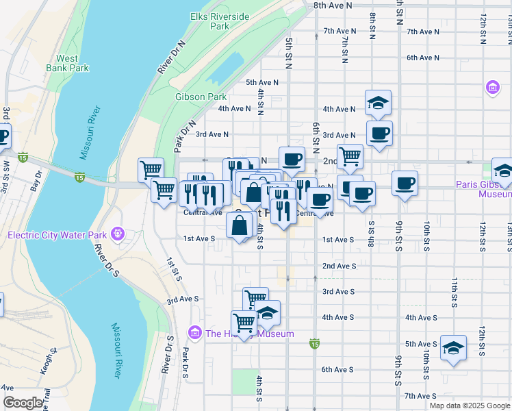 map of restaurants, bars, coffee shops, grocery stores, and more near in Great Falls