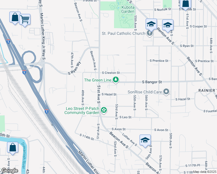 map of restaurants, bars, coffee shops, grocery stores, and more near 5133 South Bangor Street in Seattle