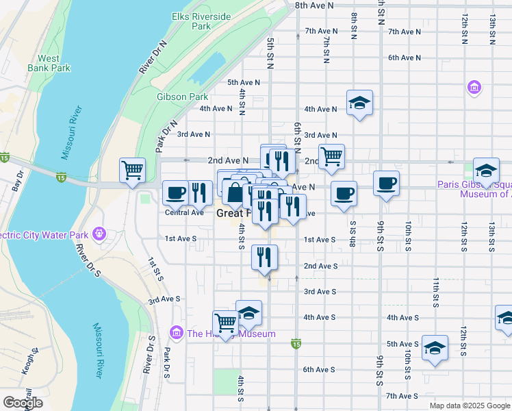 map of restaurants, bars, coffee shops, grocery stores, and more near 414 Central Avenue in Great Falls