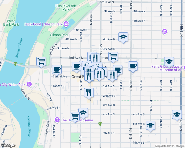 map of restaurants, bars, coffee shops, grocery stores, and more near 506 Central Avenue in Great Falls