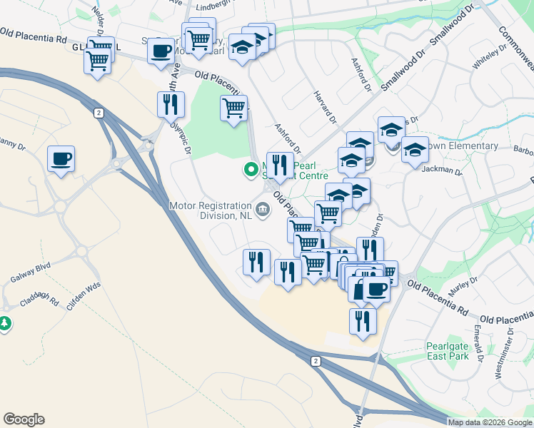 map of restaurants, bars, coffee shops, grocery stores, and more near 149 Smallwood Drive in Mount Pearl