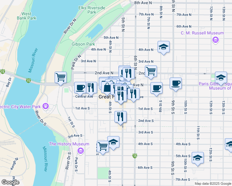 map of restaurants, bars, coffee shops, grocery stores, and more near 414 Central Avenue in Great Falls