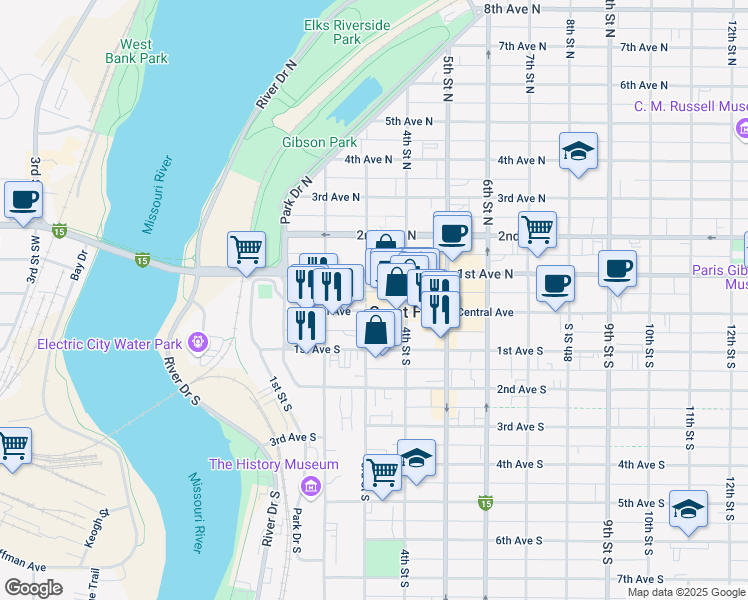 map of restaurants, bars, coffee shops, grocery stores, and more near in Great Falls