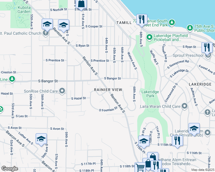 map of restaurants, bars, coffee shops, grocery stores, and more near 10630 Renton Avenue South in Seattle