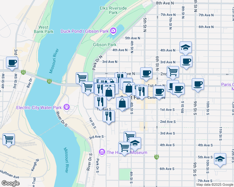 map of restaurants, bars, coffee shops, grocery stores, and more near 220 Central Avenue in Great Falls