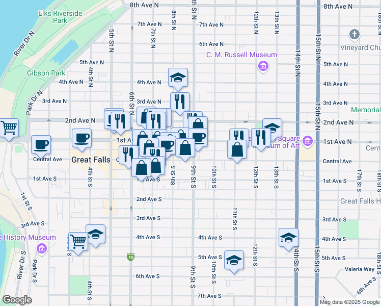 map of restaurants, bars, coffee shops, grocery stores, and more near 821 Central Avenue in Great Falls