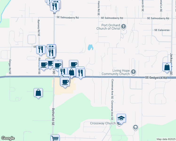 map of restaurants, bars, coffee shops, grocery stores, and more near 4740 Okanogan Drive Southeast in Port Orchard