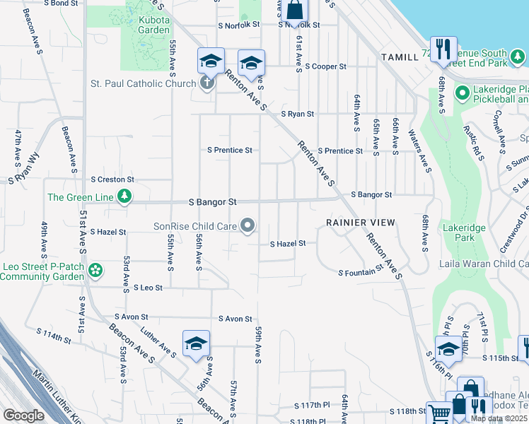 map of restaurants, bars, coffee shops, grocery stores, and more near 10612 59th Avenue South in Seattle