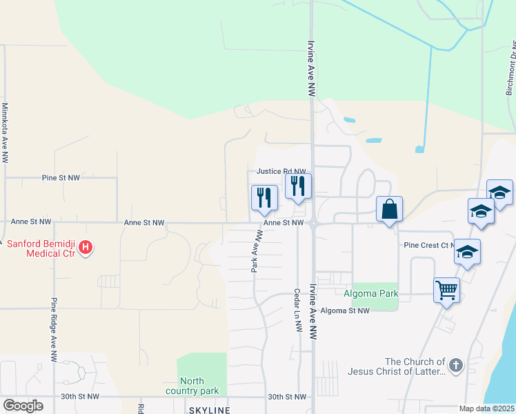 map of restaurants, bars, coffee shops, grocery stores, and more near 677 Anne Street Northwest in Bemidji