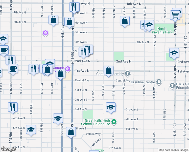 map of restaurants, bars, coffee shops, grocery stores, and more near 1708 Central Avenue in Great Falls