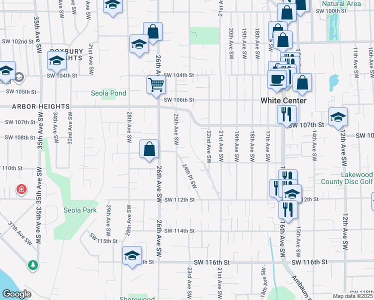 map of restaurants, bars, coffee shops, grocery stores, and more near 10923 24th Place Southwest in Seattle