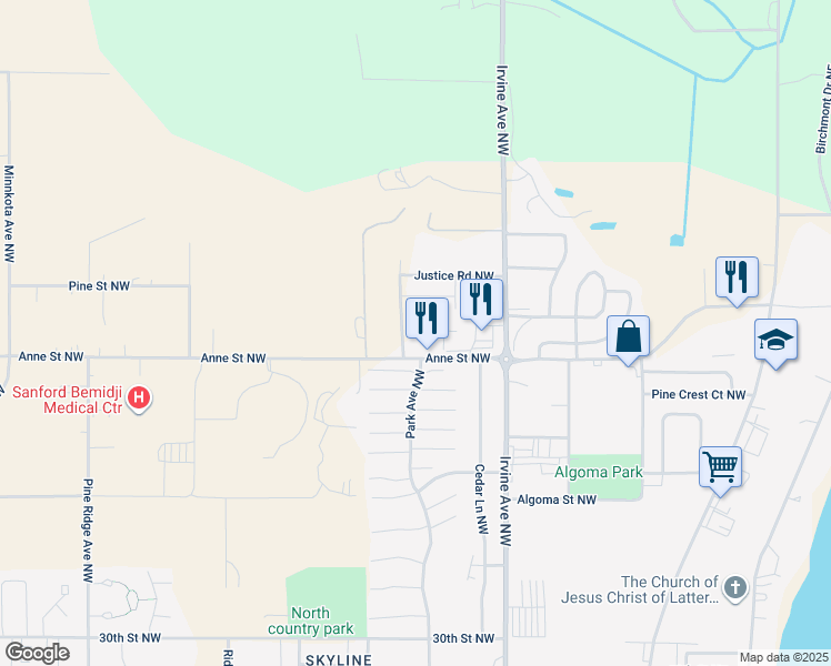 map of restaurants, bars, coffee shops, grocery stores, and more near 677 Anne Street Northwest in Bemidji