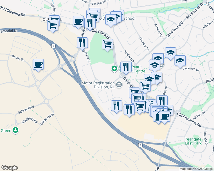 map of restaurants, bars, coffee shops, grocery stores, and more near 56 Olympic Drive in Mount Pearl
