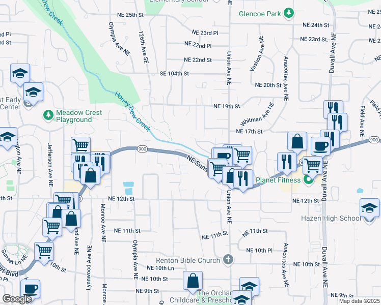 map of restaurants, bars, coffee shops, grocery stores, and more near 3818 Northeast 14th Place in Renton