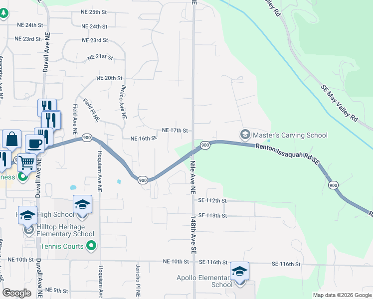 map of restaurants, bars, coffee shops, grocery stores, and more near 1606 Mount Baker Place Northeast in Renton