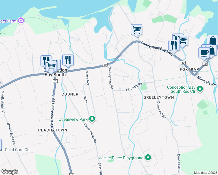 map of restaurants, bars, coffee shops, grocery stores, and more near 20 Greeleytown Road in Conception Bay South