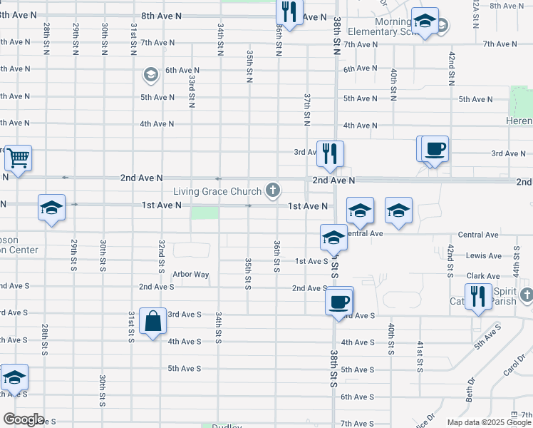 map of restaurants, bars, coffee shops, grocery stores, and more near 3511 1st Avenue North in Great Falls