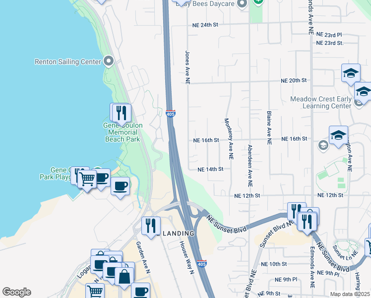 map of restaurants, bars, coffee shops, grocery stores, and more near 1702 Northeast 16th Street in Renton