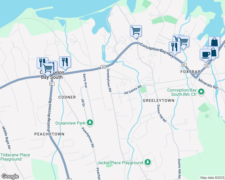 map of restaurants, bars, coffee shops, grocery stores, and more near 31 Greeleytown Road in Conception Bay South