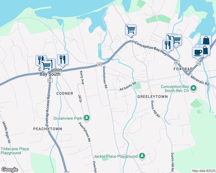 map of restaurants, bars, coffee shops, grocery stores, and more near 31 Greeleytown Road in Conception Bay South
