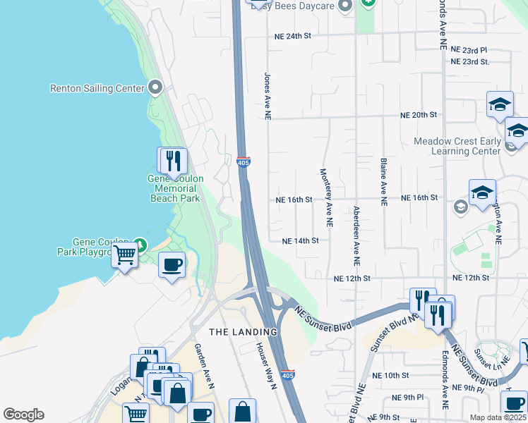 map of restaurants, bars, coffee shops, grocery stores, and more near 1702 Northeast 16th Street in Renton