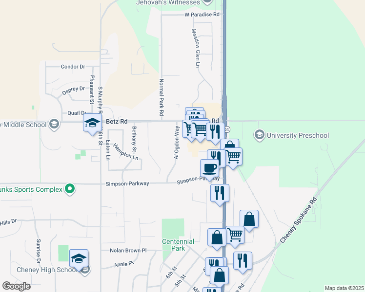map of restaurants, bars, coffee shops, grocery stores, and more near 2701 Al Ogdon Way in Cheney