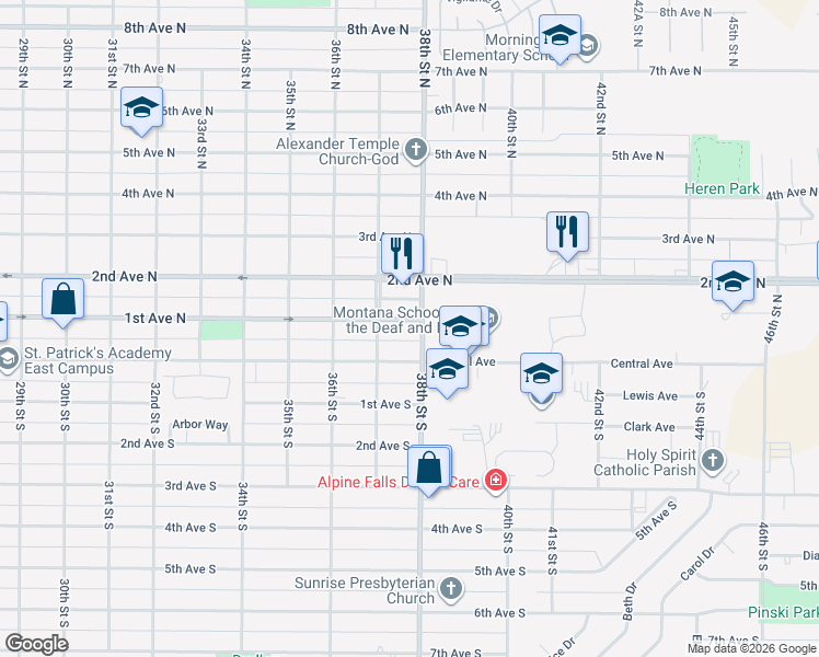 map of restaurants, bars, coffee shops, grocery stores, and more near 105-199 38th Street North in Great Falls