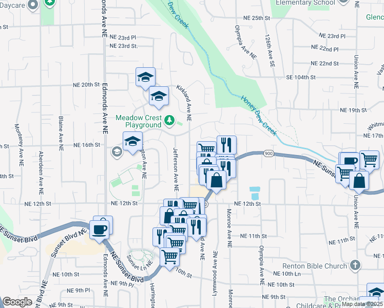 map of restaurants, bars, coffee shops, grocery stores, and more near 3004 Northeast 15th Street in Renton