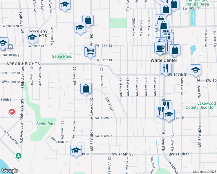 map of restaurants, bars, coffee shops, grocery stores, and more near 10810 25th Avenue Southwest in Seattle