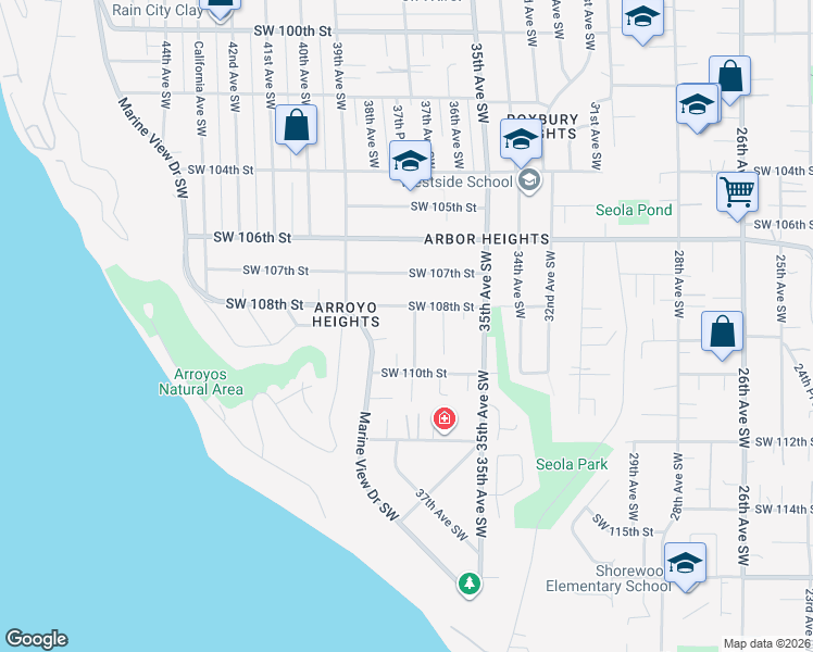 map of restaurants, bars, coffee shops, grocery stores, and more near 3702 Southwest 108th Street in Seattle