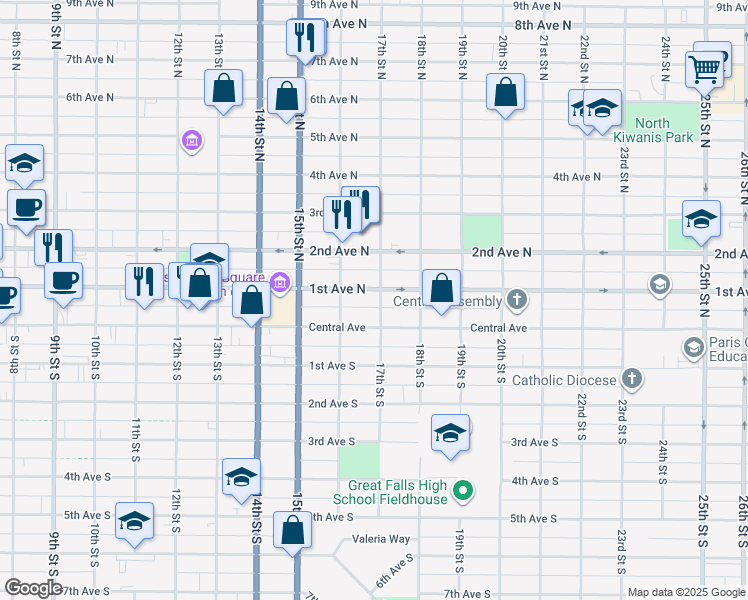map of restaurants, bars, coffee shops, grocery stores, and more near 1615 1st Avenue North in Great Falls