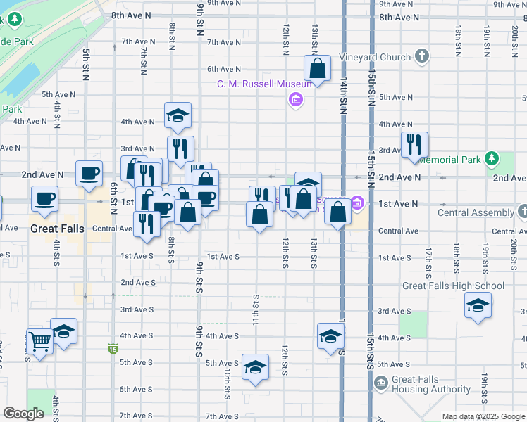 map of restaurants, bars, coffee shops, grocery stores, and more near 1109 1st Avenue North in Great Falls