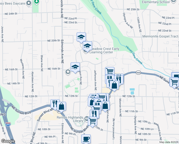 map of restaurants, bars, coffee shops, grocery stores, and more near 1528 Index Avenue Northeast in Renton