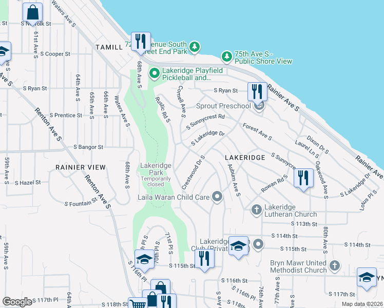 map of restaurants, bars, coffee shops, grocery stores, and more near in Bryn Mawr-Skyway