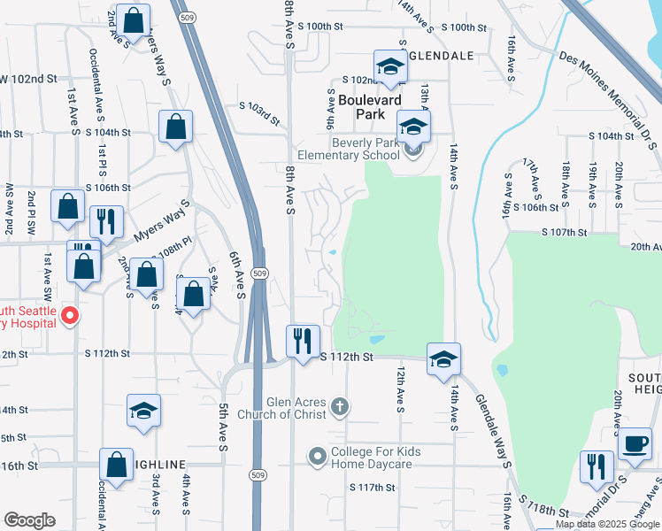 map of restaurants, bars, coffee shops, grocery stores, and more near 10825 Glen Acres Drive South in Seattle