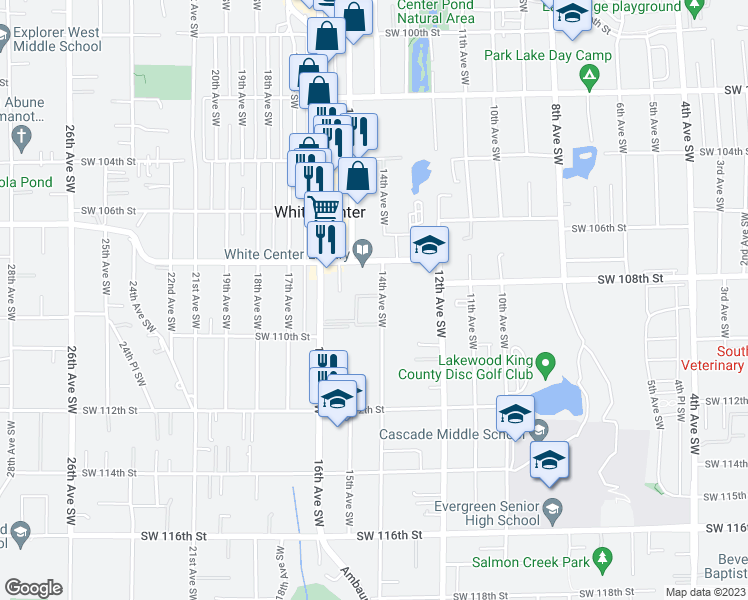 map of restaurants, bars, coffee shops, grocery stores, and more near 1511 Southwest 107th Street in Seattle