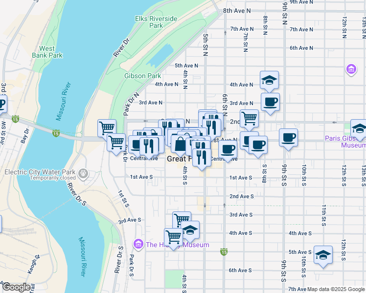 map of restaurants, bars, coffee shops, grocery stores, and more near 319 1st Avenue North in Great Falls