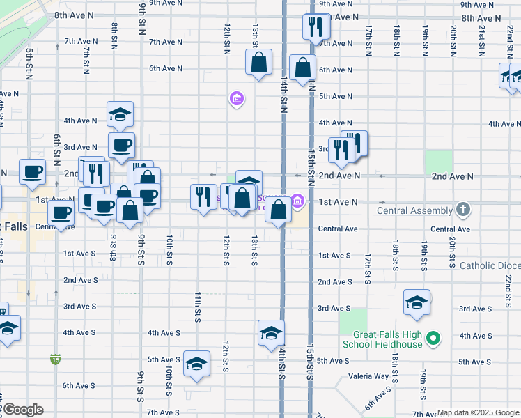 map of restaurants, bars, coffee shops, grocery stores, and more near 1301 1st Avenue North in Great Falls