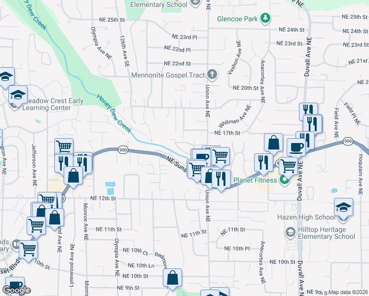 map of restaurants, bars, coffee shops, grocery stores, and more near 1555 Union Avenue Northeast in Renton
